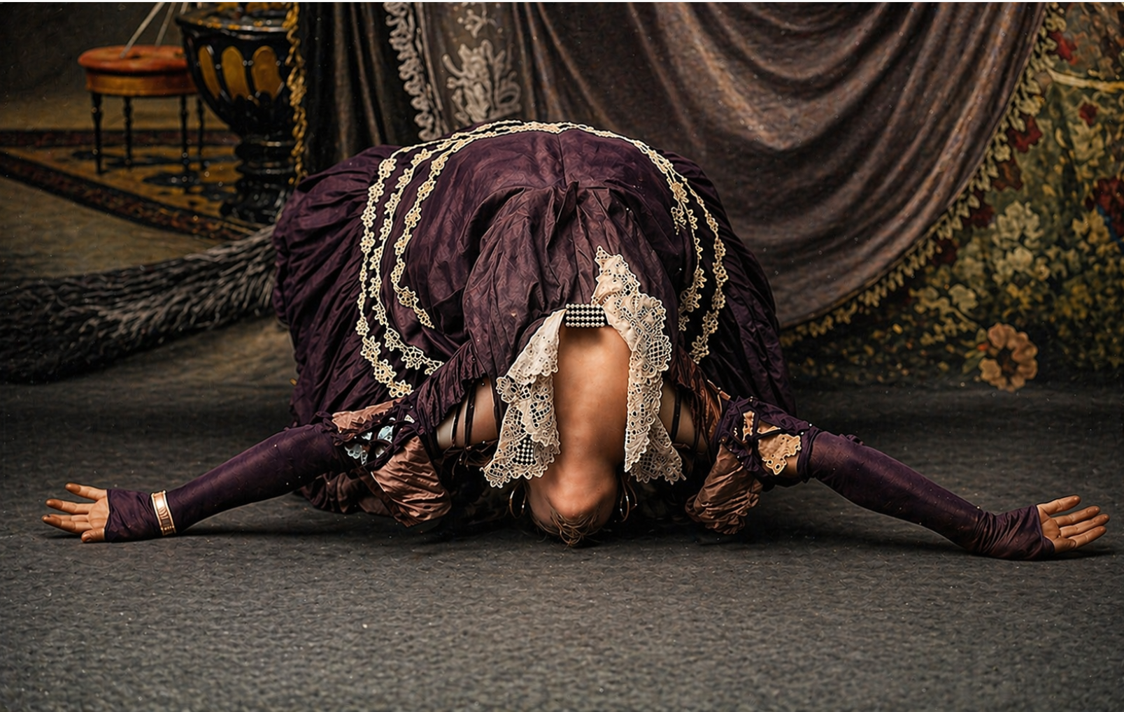 Lily Flexmore folded forward in a full back-bend contortion pose, colourised